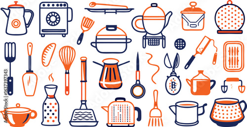 Assortment of Kitchenware and Cooking Utensils in Orange and Blue cookware food preparation
