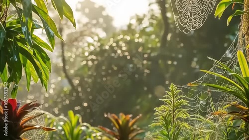 Dew-Kissed Spiderwebs in a Lush Tropical Garden Sunlight Filtering Through Foliage