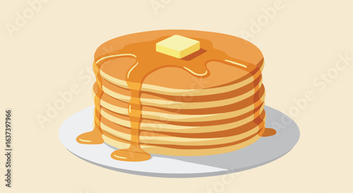 Stacked pancakes with syrup and butter sitting on a plate against soft background