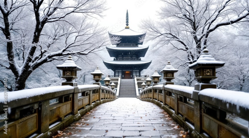 Obraz premium Snowy japanese pagoda and bridge in winter landscape