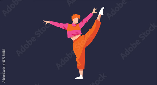 Individual in a dynamic pose, wearing colorful clothes, on a dark purple background