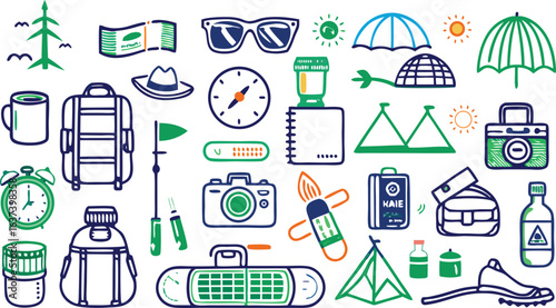 Collection of Camping and Outdoor Adventure Gear Icons in Blue and Green hiking travel