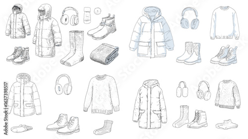 Winter clothing illustration set featuring coats, puffer jackets, boots, sweaters, earmuffs, and scarves in clean hand-drawn style. Perfect for fashion and cold weather themes.

