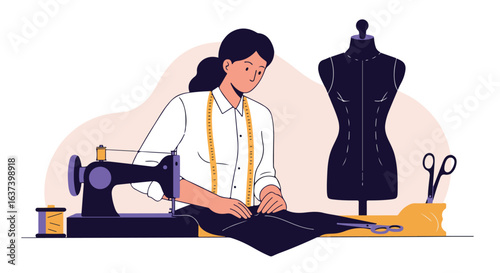 Seamstress Focused woman sewing with a sewing machine next to a mannequin and scissors