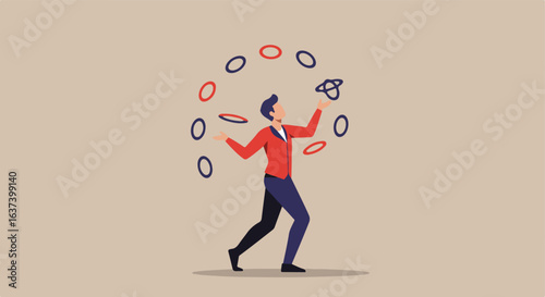 Juggling act of red & blue rings, man in red blazer. Off-white background. Flat vector