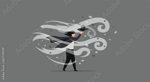 Illusionist Figure dressed in black, holds a hat amidst swirling forms on gray