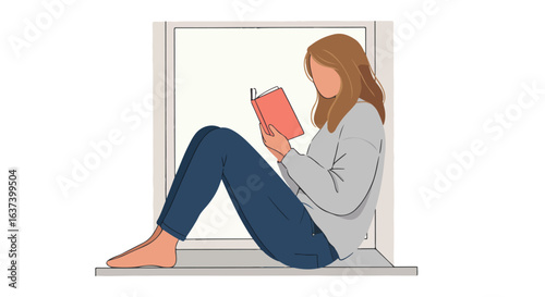 Girl reads book sitting on windowsill. Sweater, jeans, bare feet. Brown hair
