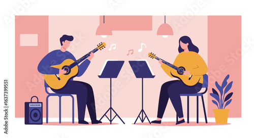 Musicians Man and woman playing guitars, music stands, amplifier, plant pot, pink background
