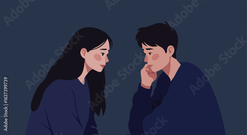 Facing Flat image shows a pondering couple in sweaters against a dark background