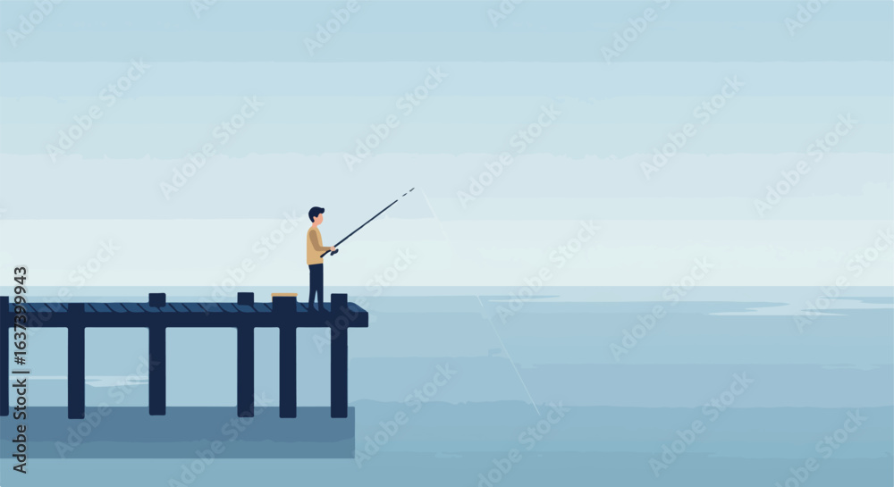 Naklejka premium Fisherman on pier with fishing pole in blue water backdrop with layered sky