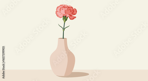Carnation Bloom single stem in light pink vase on beige background with soft lighting