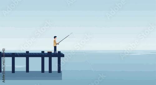 Fisherman on pier with fishing pole in blue water backdrop with layered sky