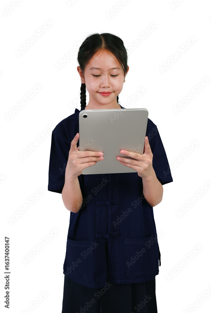 Portrait of Asian girl kid in farmer shirt or mohom shirt standing with playing tablet computer isolated on white background. Portrait of Asian girl kid in farmer shirt or mohom shirt standing with playing tablet computer isolated on white background.