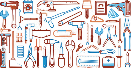 Comprehensive Assortment of Hand Drawn Tools and Hardware in Blue and Orange construction repair