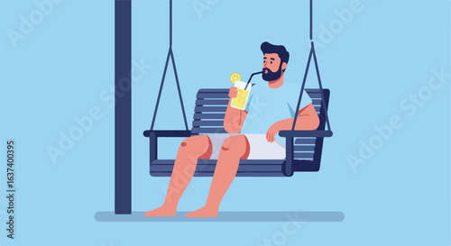 Cartoon man relaxing on a porch swing while enjoying a refreshing lemon drink