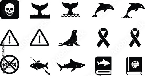 Marine danger warning icons, ocean wildlife protection, overfishing ban, sea animals silhouette, environmental awareness, shark safety, aquatic conservation, fishing prohibition, vector set