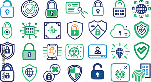 Cybersecurity And Digital Security Icons With Padlocks Shields Globes And Data Protection vector illustration