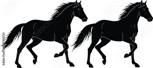 Running horse silhouette vector illustration, galloping stallion black artwork, wild equine motion pose, animal gait design, elegant horse art graphic print
