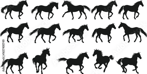 Running horse silhouette vector set, galloping stallion art sequence, black equine motion poses, wild horse gait cycle, animal movement illustration design