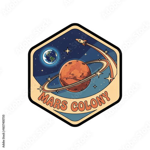Retro-style emblem depicting a rocket launching towards Mars, orbiting Earth, signifying a Mars colony mission.