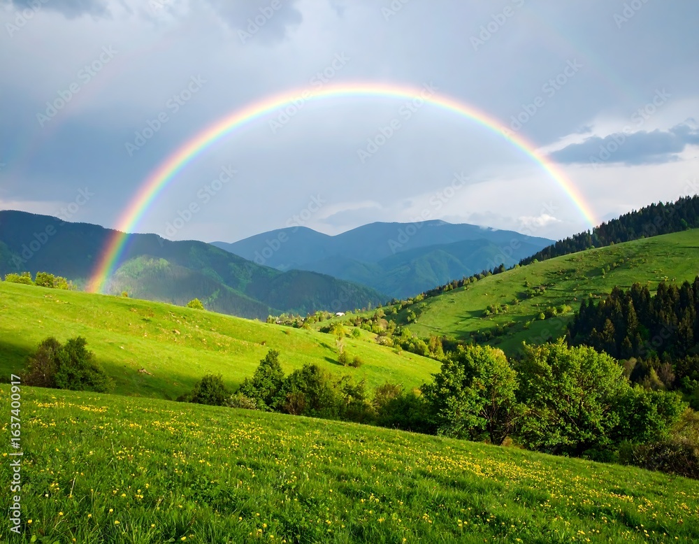 Naklejka premium Lush green valley with a vibrant rainbow arching over rolling hills and mountains under a partly cloudy sky