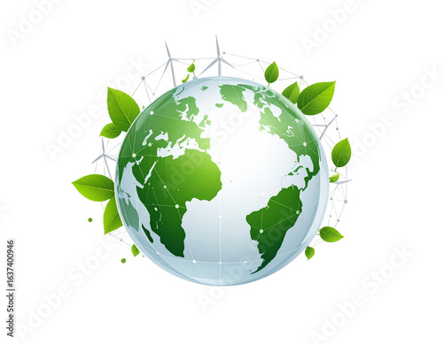 Earth surrounded by leaves and a network, symbolizing green energy & sustainability