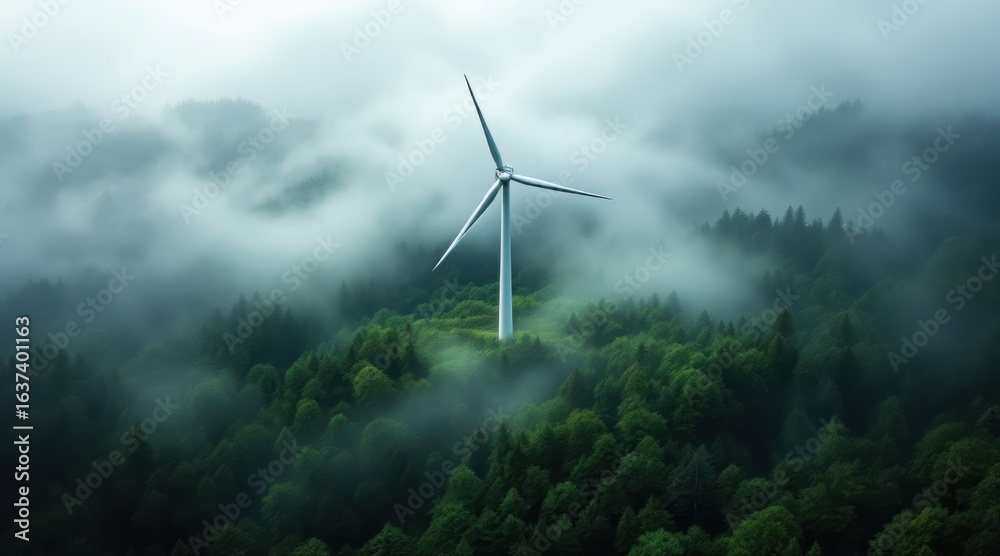 Lone wind turbine emerges from misty forest canopy Lone wind turbine emerges from misty forest canopy