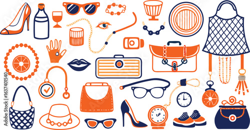 Fashionable Accessories Collection With Shoes Handbags Glasses Jewelry And Bags vector illustration