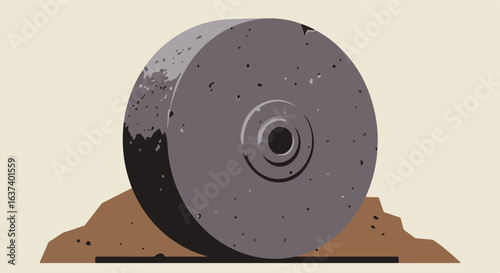 Stone Wheel Illustration of a heavy, round grey stone wheel resting on a pile of dirt