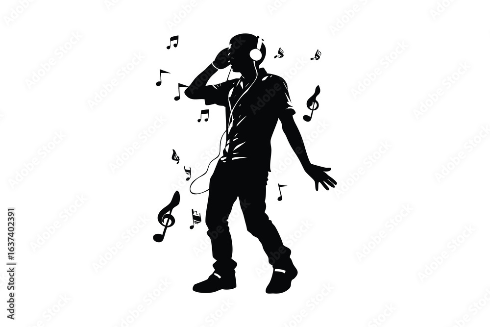 Fototapeta premium stylish elegant modern detailed professional high quality Dynamic Silhouette of a Man Dancing in Headphones Surrounded by Musical Notes in a Bold Black and White Composition