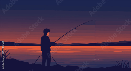 Silhouette fisher on lake during dusk, mountains in background, calm waters