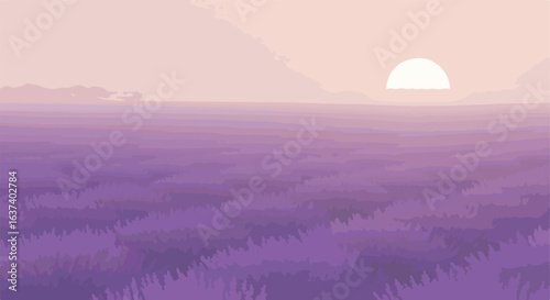Purple field fades into mountains beneath rising sun, pastel pink skies above horizon