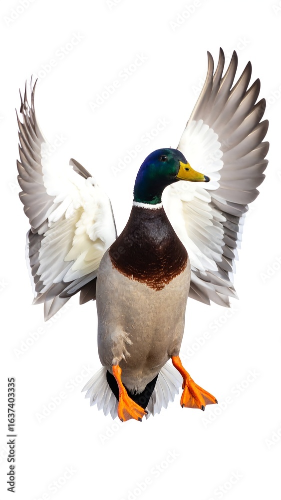 Obraz premium Mallard in flight against white