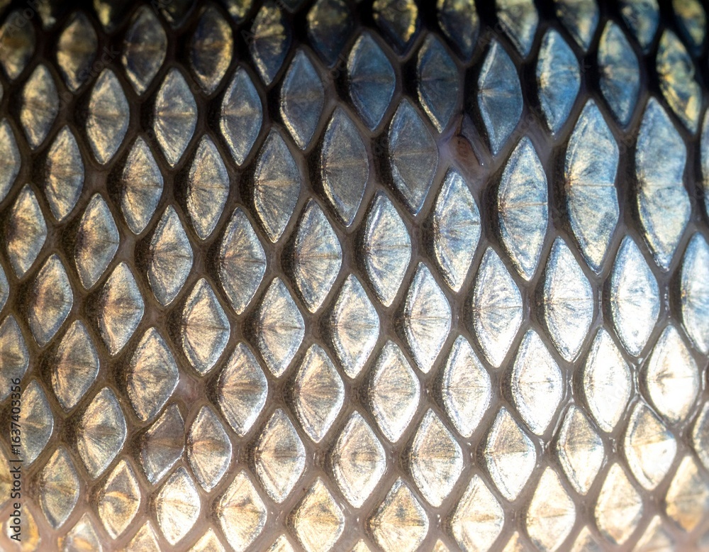 Naklejka premium Mysterious Scales: A close-up view of a fish's scales, revealing intricate patterns and textures that spark curiosity about underwater life.