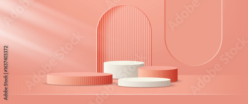 Modern coral podium background with round platforms, arch elements, and soft light, ideal for product display, cosmetic branding, or presentations.