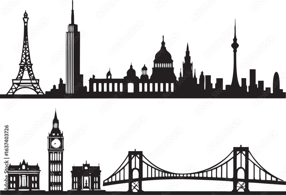 Fototapeta premium City Skyline & Landmark Icons Silhouettes on White Background