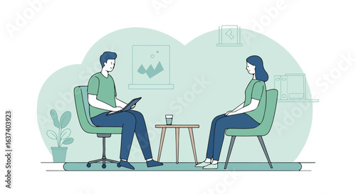 Therapy session with a woman consulting therapist in a serene, clean room setting