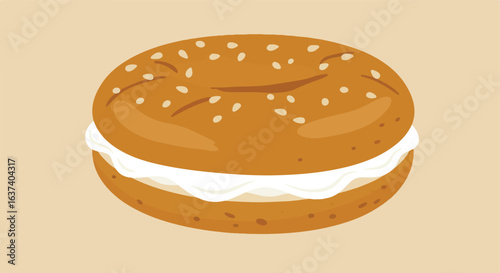 Round bread with white filling, sesame seeds. Warm beige background. Sweet dessert