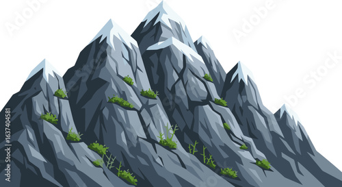 Majestic snow-capped mountains rise against a crisp white background, showcasing rugged peaks with sparse green vegetation.