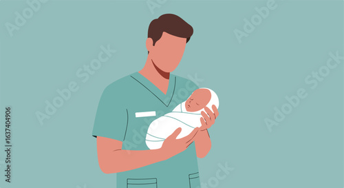 Nurse cradles infant wrapped in white cloth. Flat illustration against light blue