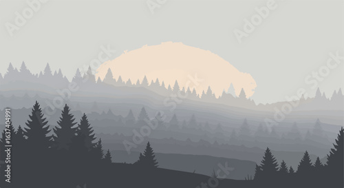 Minimalist landscape featuring layers of evergreen trees and a light, clouded sky