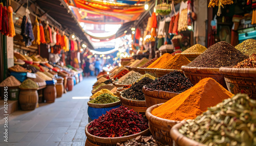 Vibrant display of spices and herbs at international food market, showcasing colorful piles of spices in woven baskets