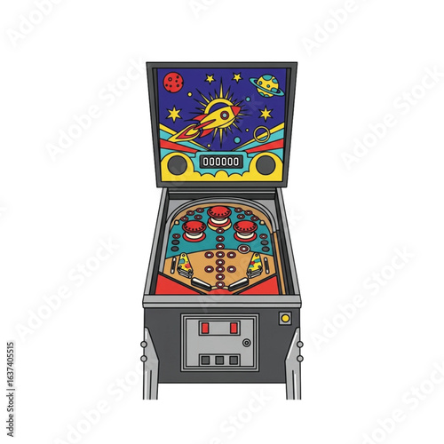 Retro space-themed pinball machine, open, displaying game elements.