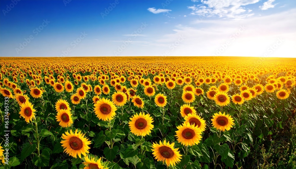 Fototapeta premium Expansive field of sunflowers under a vibrant sunset sky