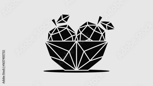 Stunning modern geometric art featuring two stylized apples in a faceted bowl, representing growth, creativity, and natural bounty with clean lines and a sophisticated aesthetic.