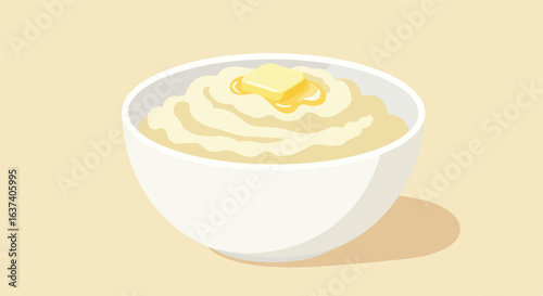 Creamy mashed potatoes with butter sits in a white bowl on a tan background
