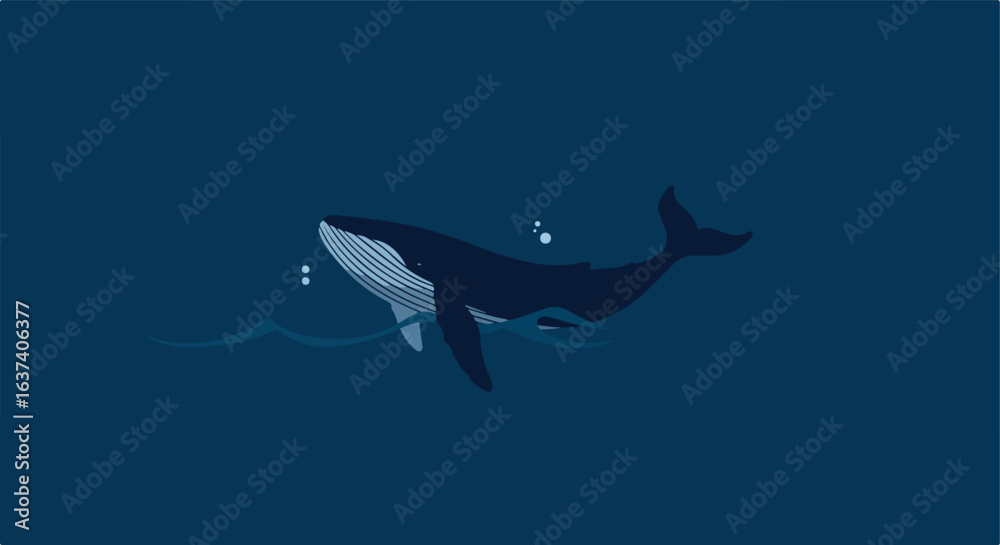 Obraz premium Whale swims through dark water. Small bubbles rise as it glides under small waves
