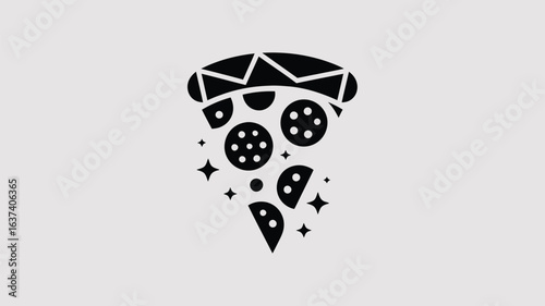 Captivating slice of pizza icon with sparkling stars, perfect for food branding, restaurant logos, and culinary promotions that excite customers with delicious flavor.