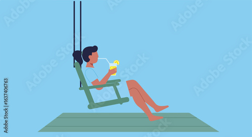 Woman sips drink on porch swing. Bright backdrop. Simple lines for restful visual