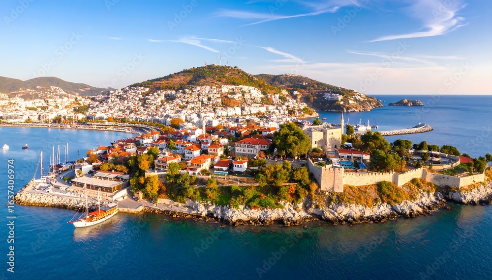 Naklejka premium Coastal town, harbor, and fortress